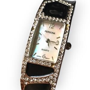 Stunning PERSONA black enamel & rhinestone women's cuff watch